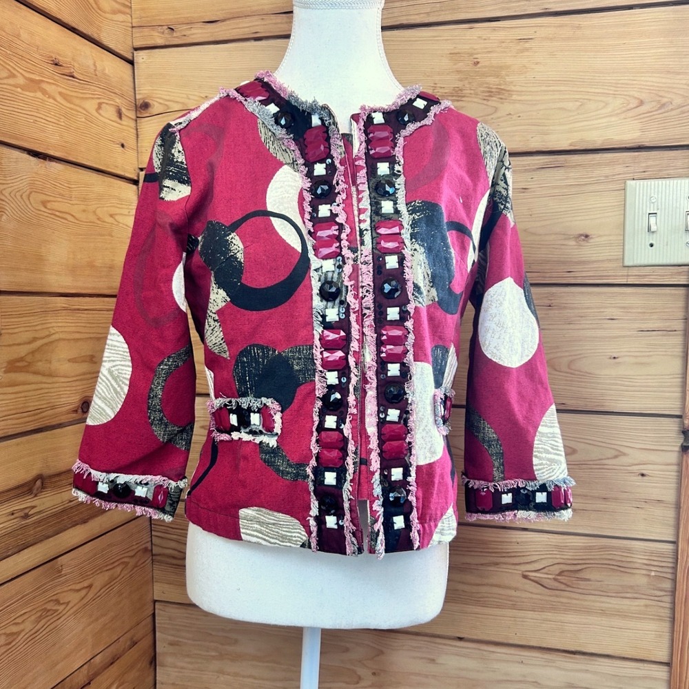 Parsley & Sage Red Abstract Beaded Fringe Jacket Womens Small Art To Wear Blazer